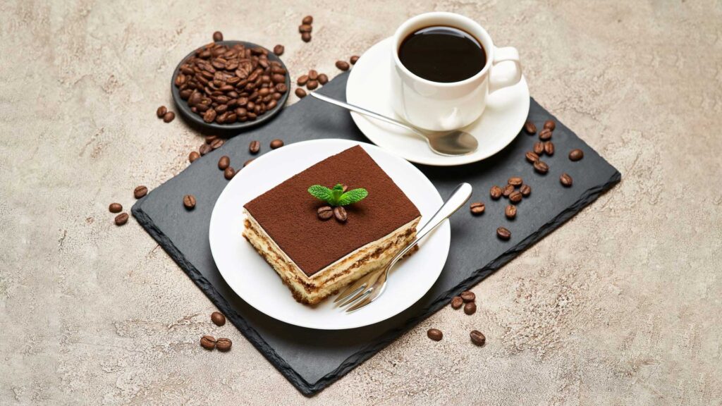 Tiramisu is a delicious italian dessert that you can eat with coffee.